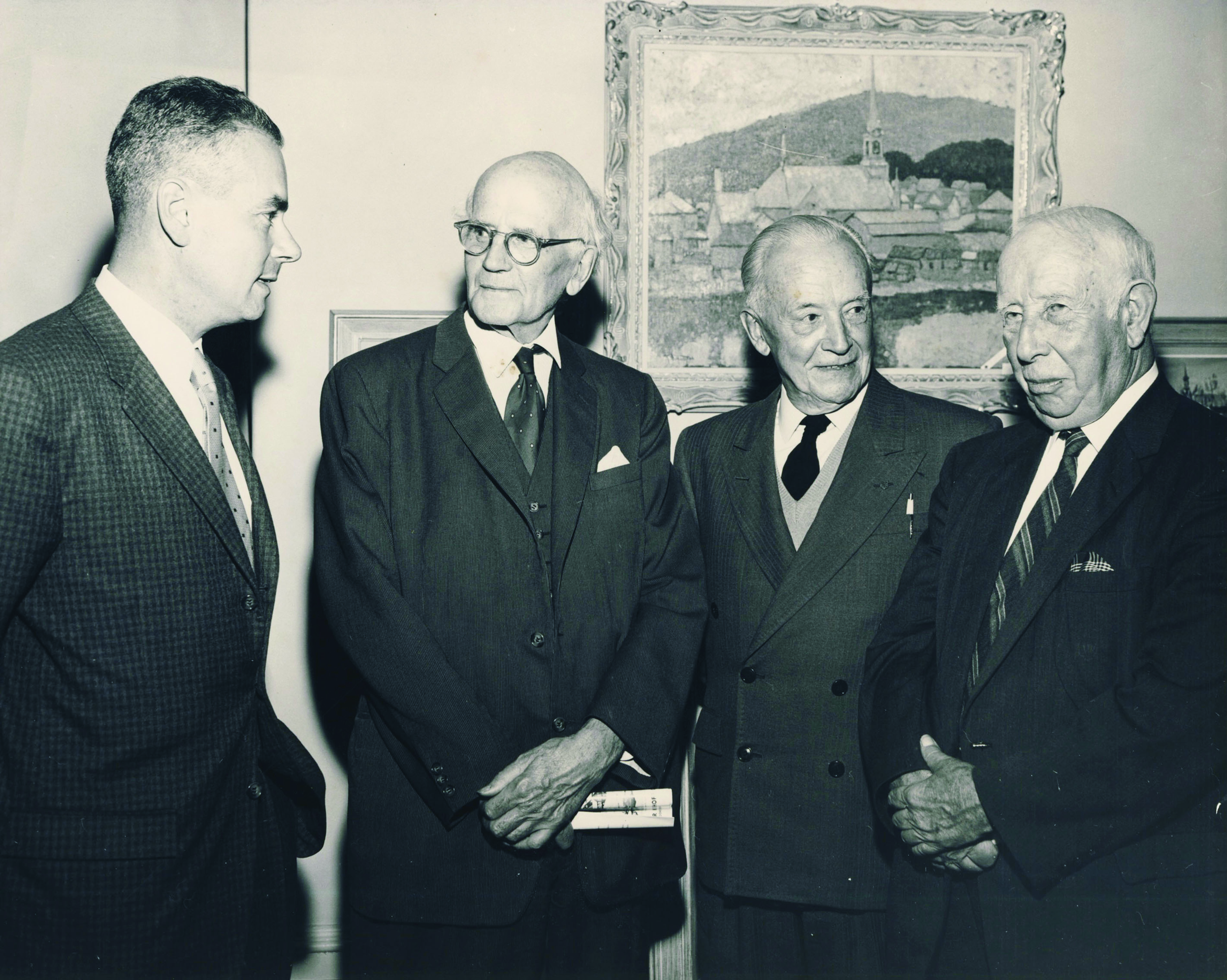 Mr. Klinkhoff, Arthur Lismer, Edwin Holgate and A.Y. Jackson in the Walter Klinkhoff Gallery, 1962